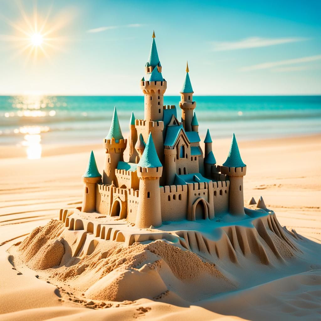 Detailed Sandcastle on Sunny Beach in Coastal Style