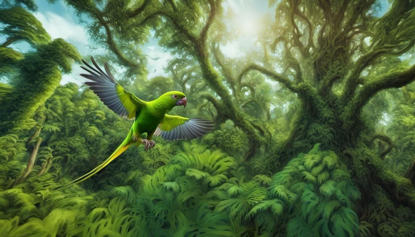 Surinamese Jungle with Parakeet in Hyperrealistic Style