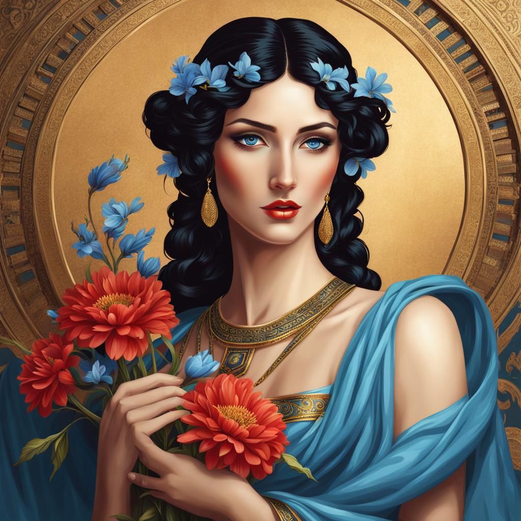 Beautiful Ancient Greek Woman Holding Flowers