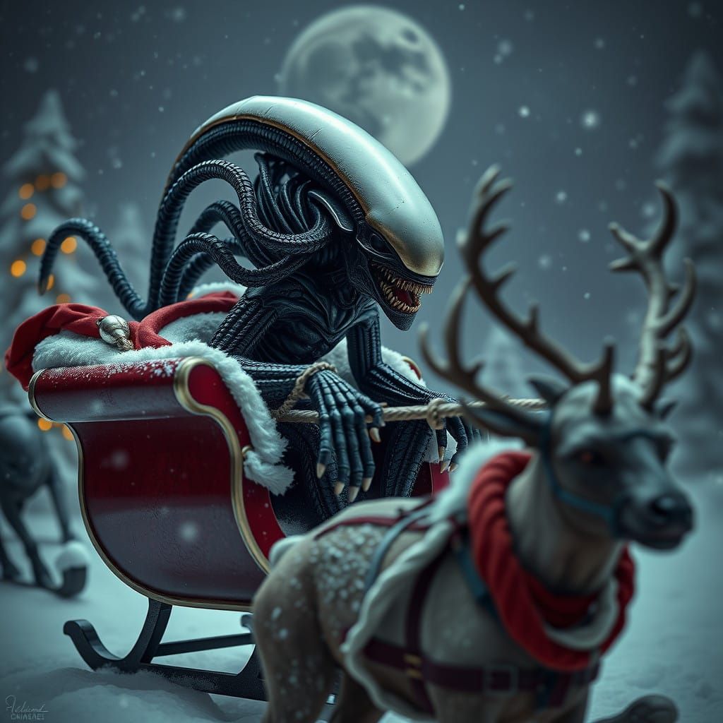 Alien Meets Christmas in Hyperrealistic Sleigh Scene
