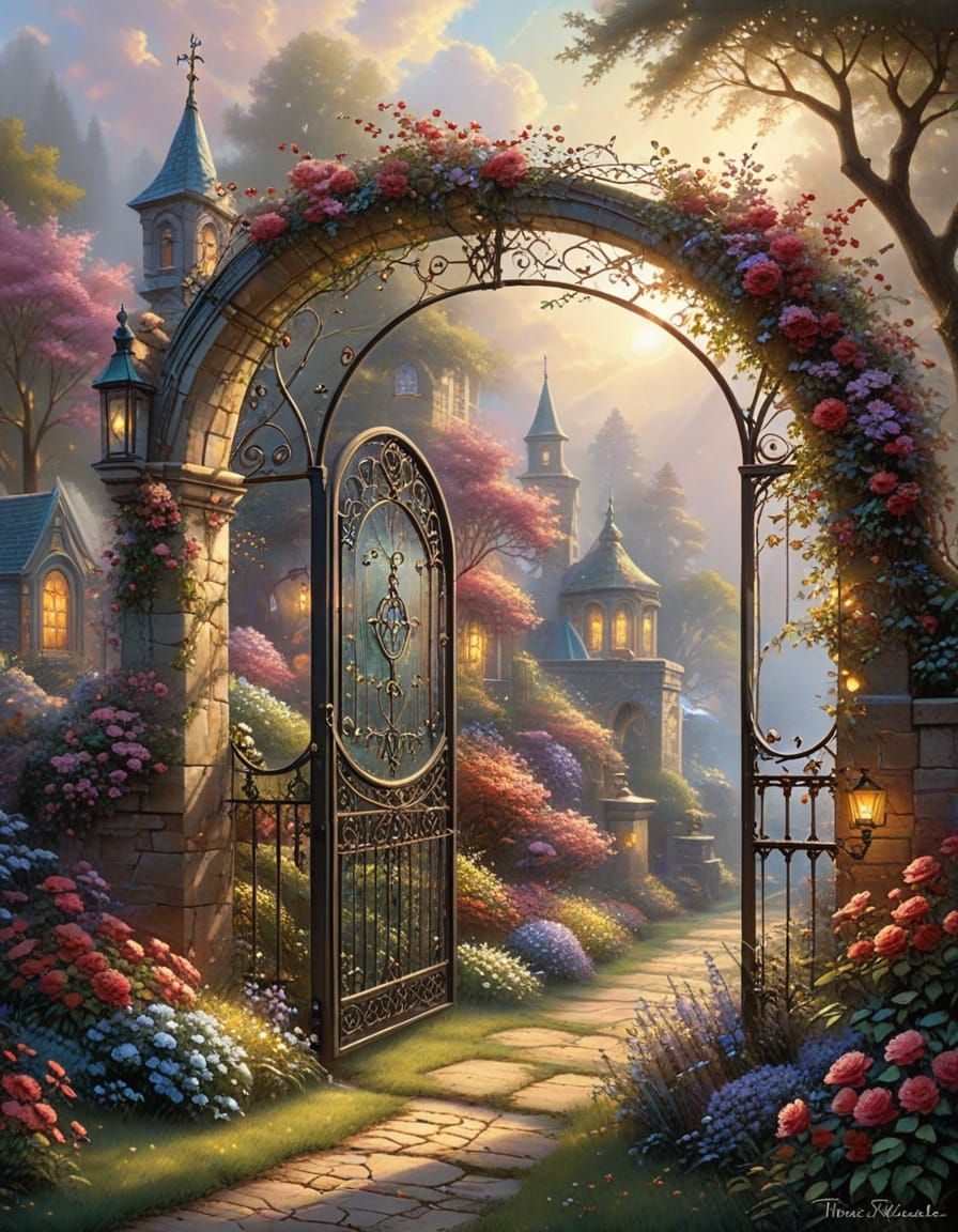 Ornate Wrought Iron Gate With Roses, Stained Glass Style