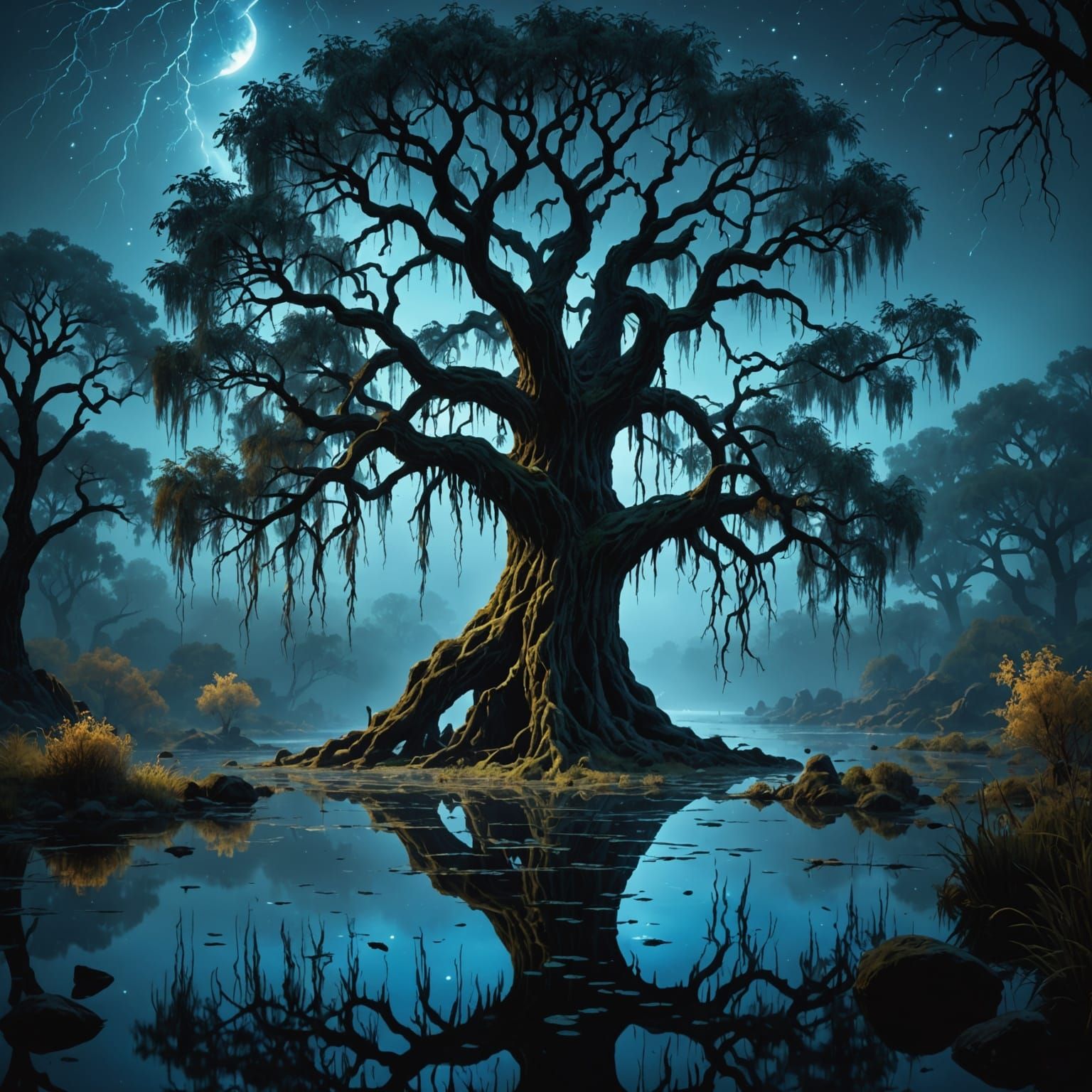 Bioluminescent Willow Tree in Misty Swamp, Digital Art
