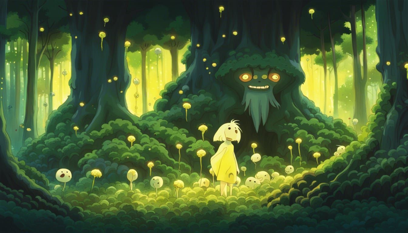 tree spirits from Princess Mononoke, lush forest, hundreds o...