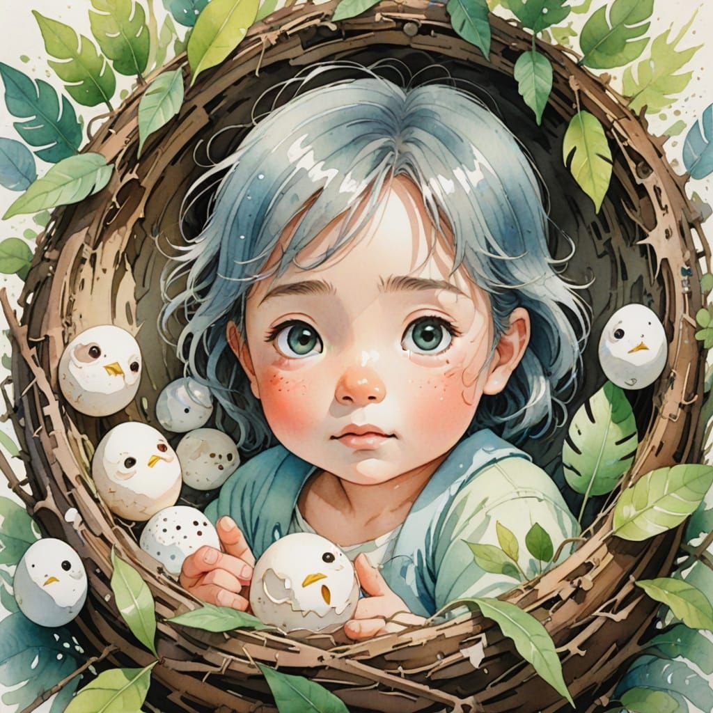 Whimsical Ghibli-Style Watercolor of Happy Baby Girl in Bird...