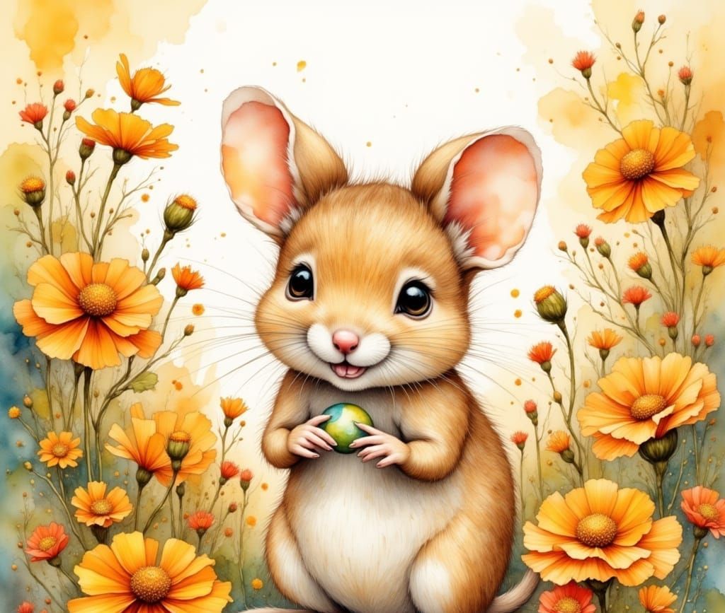 Mouse Among Orange Flowers in Watercolor Style
