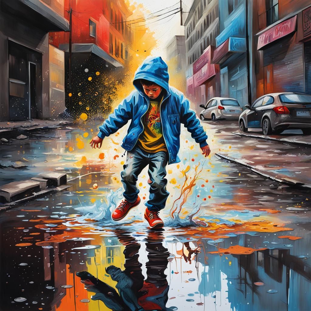 Boy Dancing in Puddle: Graffiti Splash Art