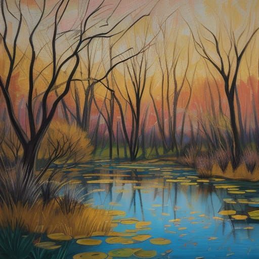 Expressionist Painting of Laughing Figure by Pond