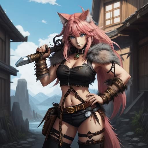 Feral Cat Girl in Anime Style