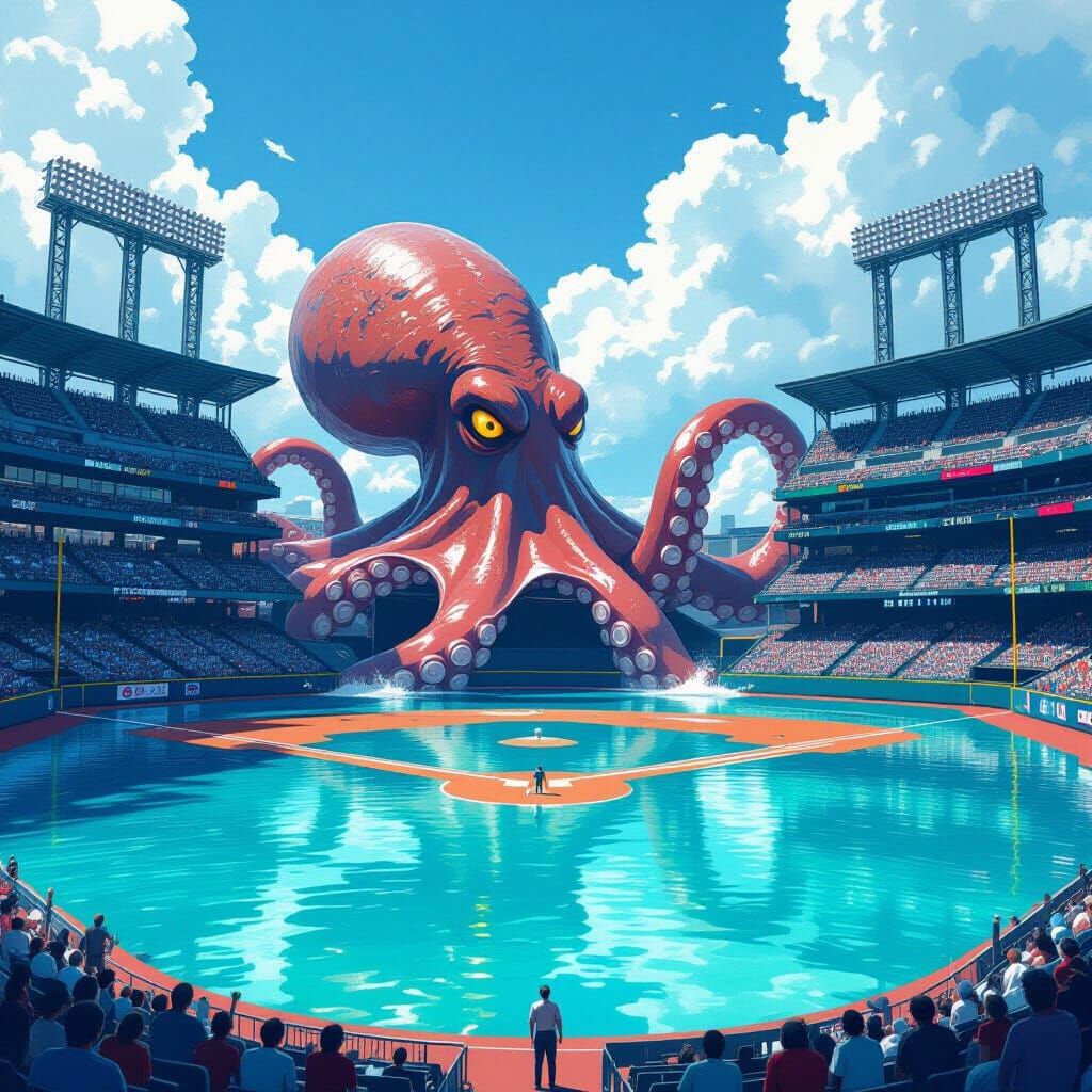 Kraken Emerges from Flooded Baseball Stadium