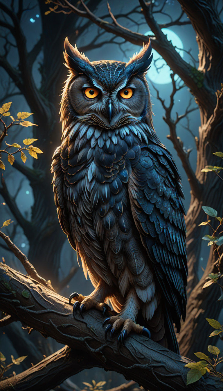 Majestic Owl-Cat Hybrid in Ethereal Aura