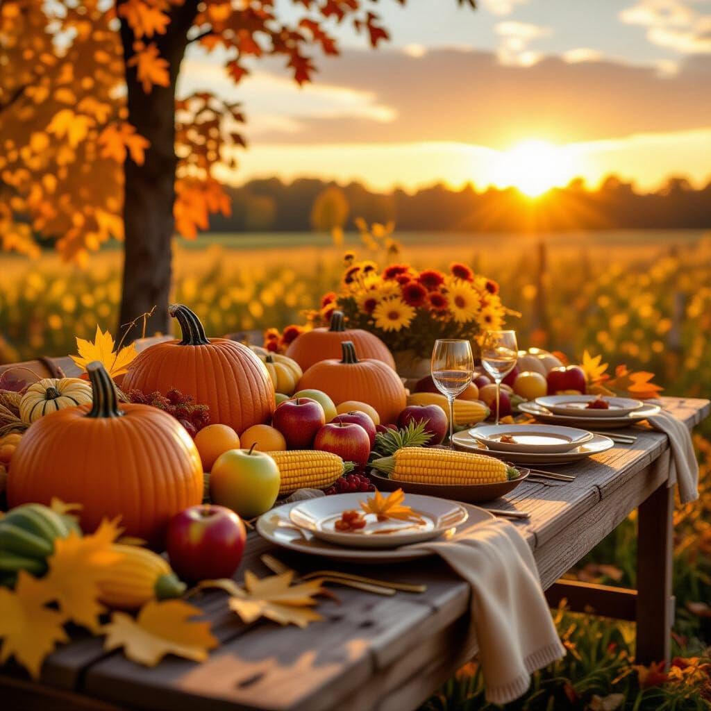 Abundant Autumn Harvest Table Photorealistic Scene