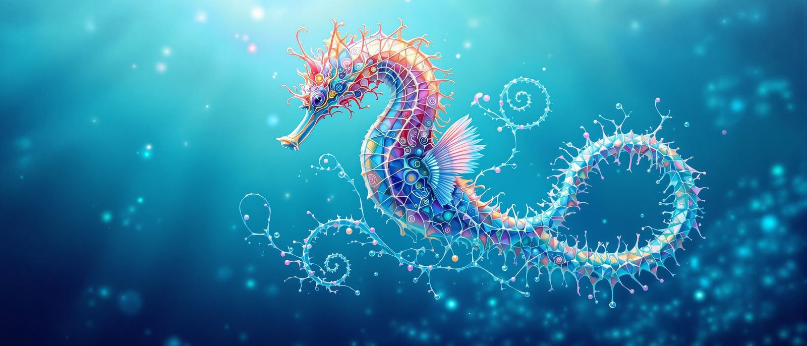 Ethereal Iridescent Seahorse in Dreamlike Gradient Ocean