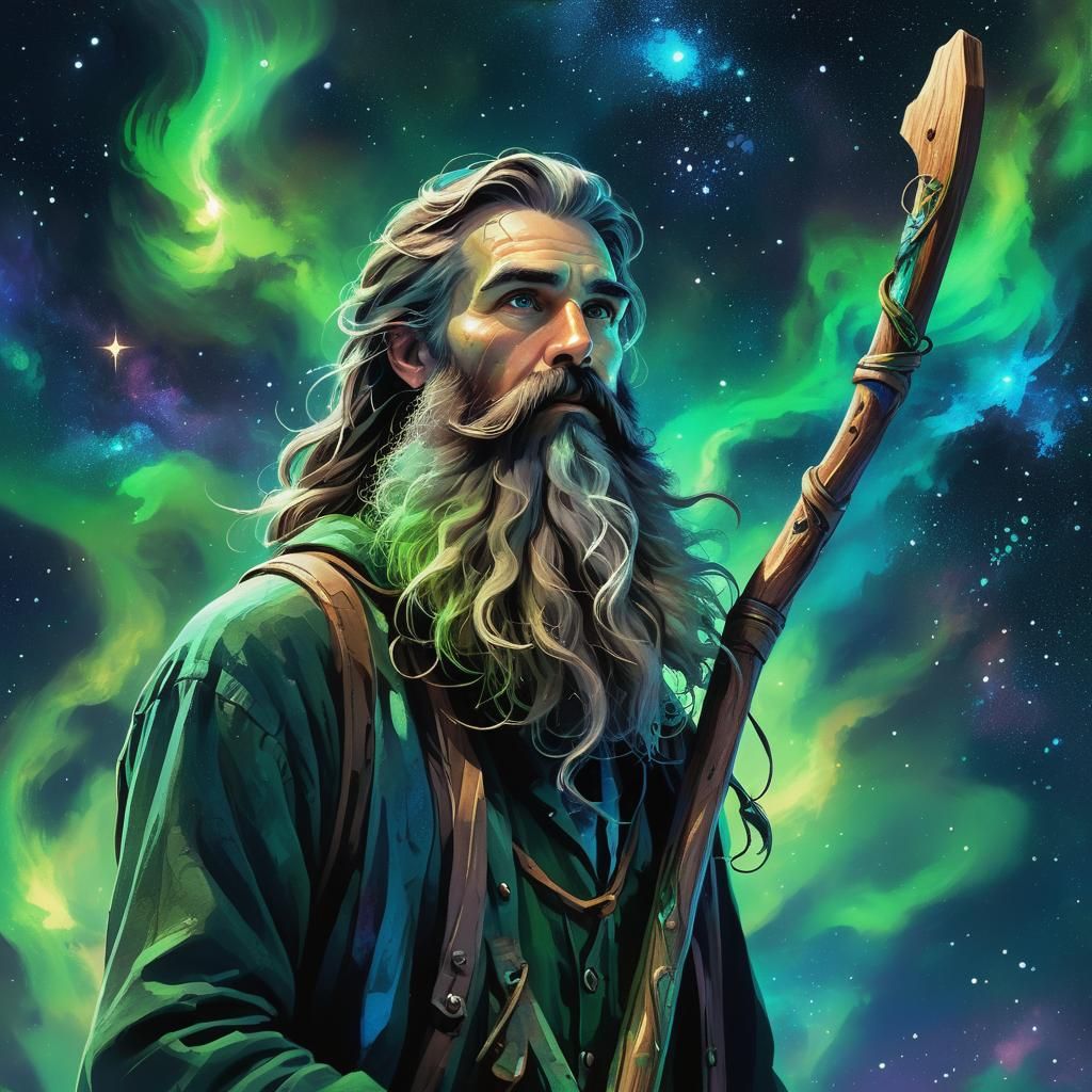 Mystical Man with Whimsical Beard in Galaxy
