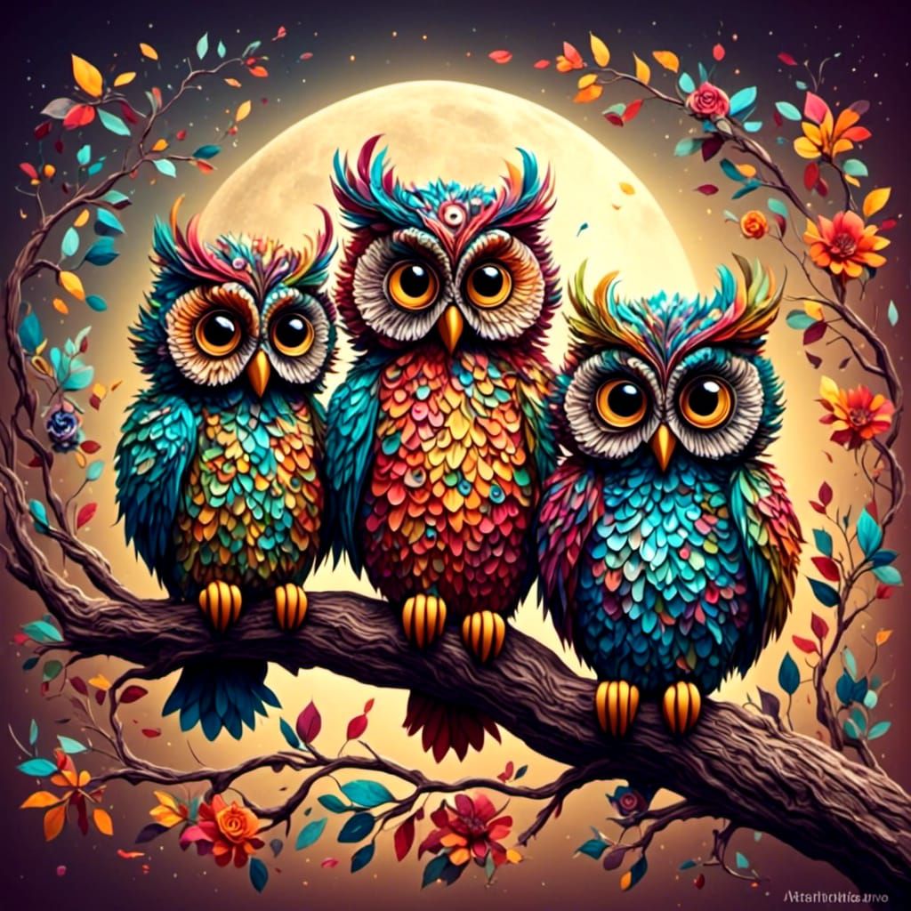 <lora:Surreal fantasy:1.0> <lora:Owl:1.0> 3 cute colorful fluffy owls sitting on a branch.