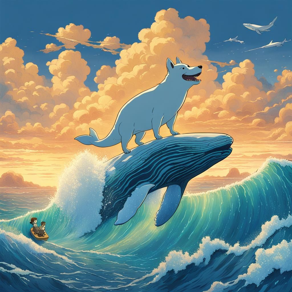 Doge Surfing on Whale in Ghibli Anime Style