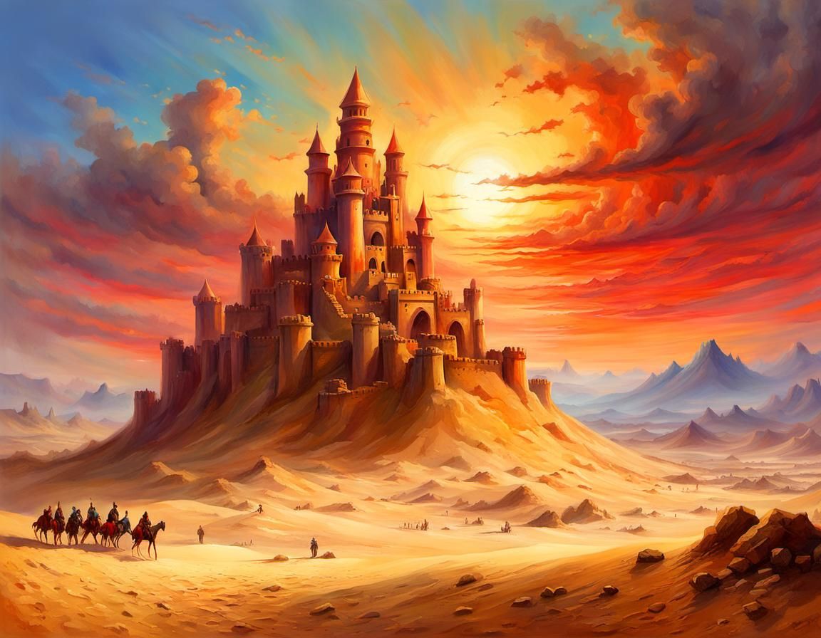 Majestic Medieval Sandcastle in Desert Landscape