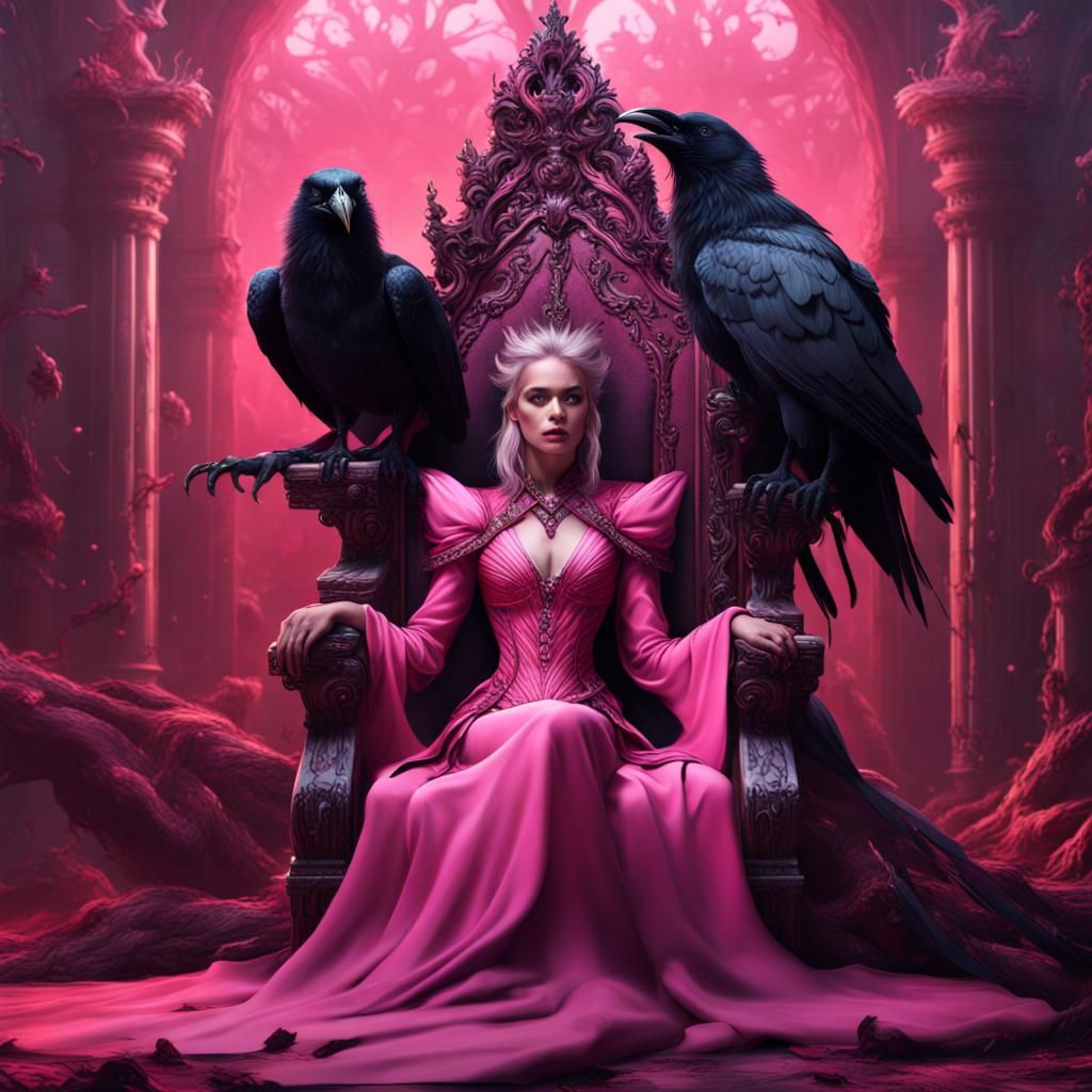 Pink Woman in Throne with Evil Crow: Detailed Matte Painting