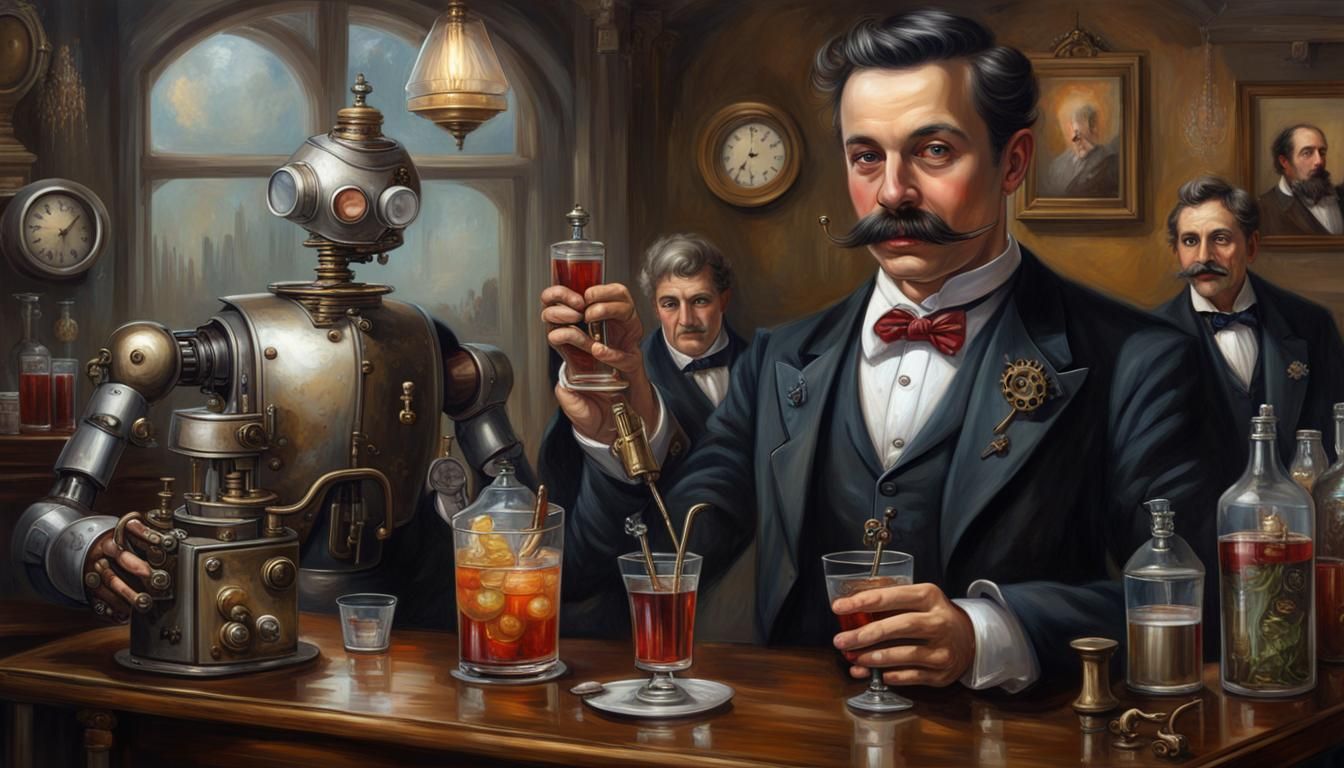 Steampunk Robot Butler at Victorian Party, Oil Painting