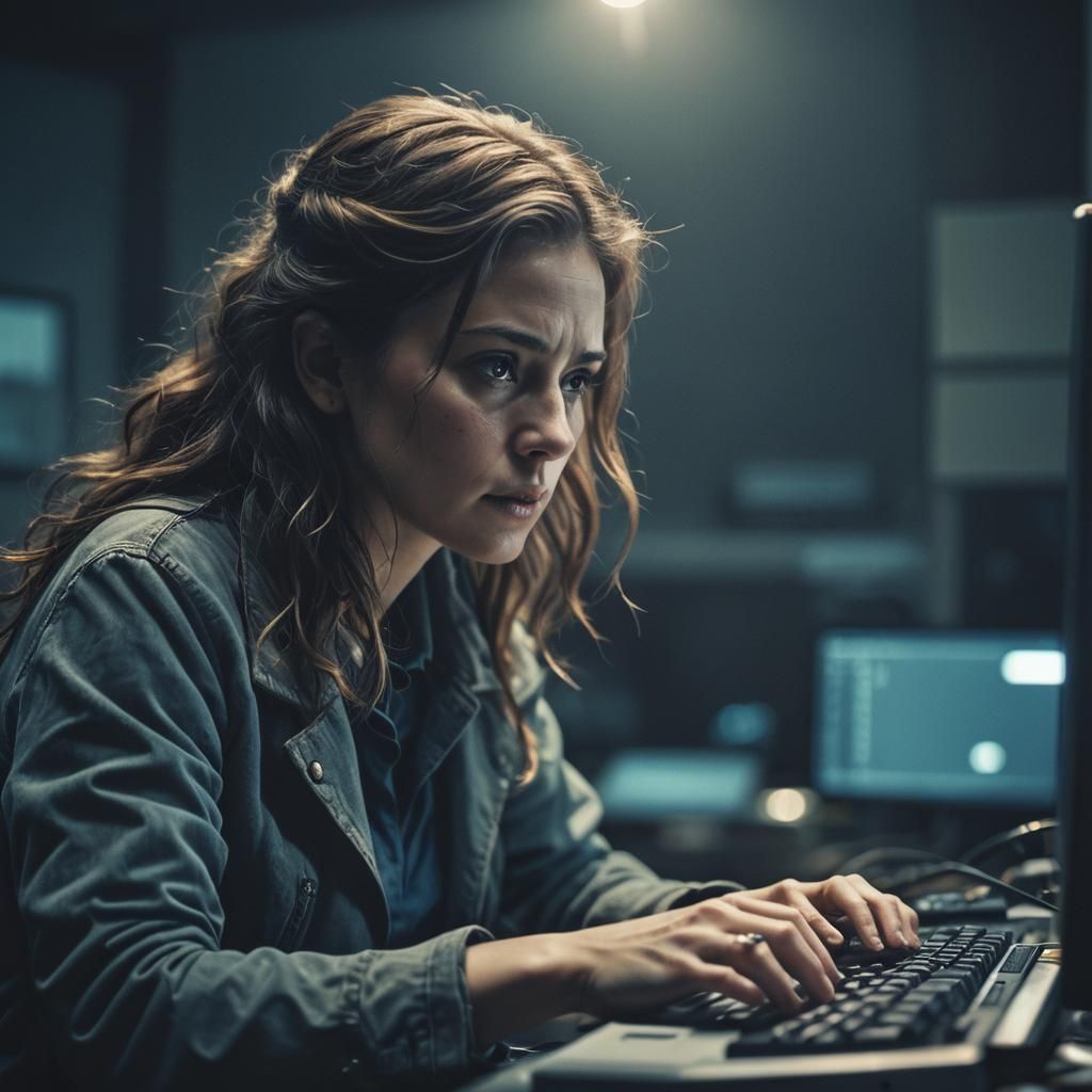 Woman Typing at Computer in Cinematic Film Still