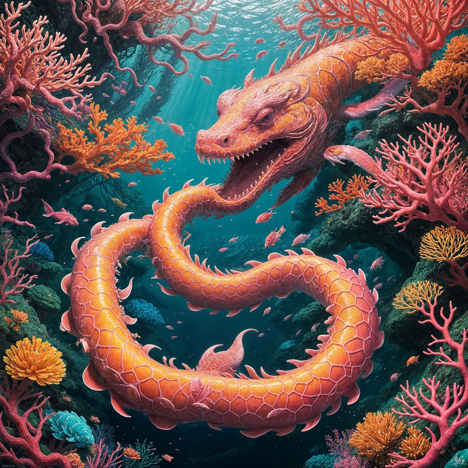 Radiant Dragon Swims in Pink Coral Ocean