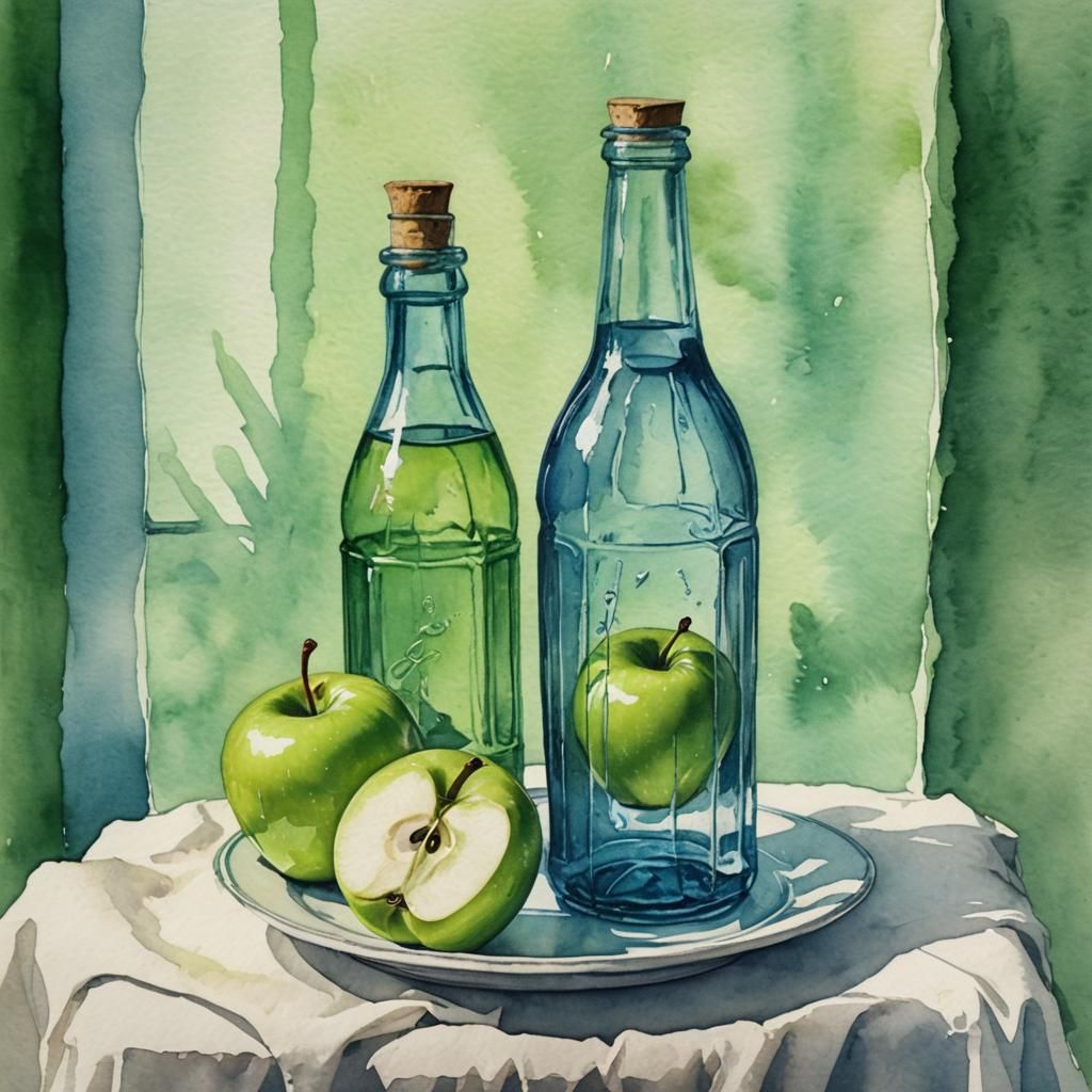 Blue Bottle and Green Apple Watercolor