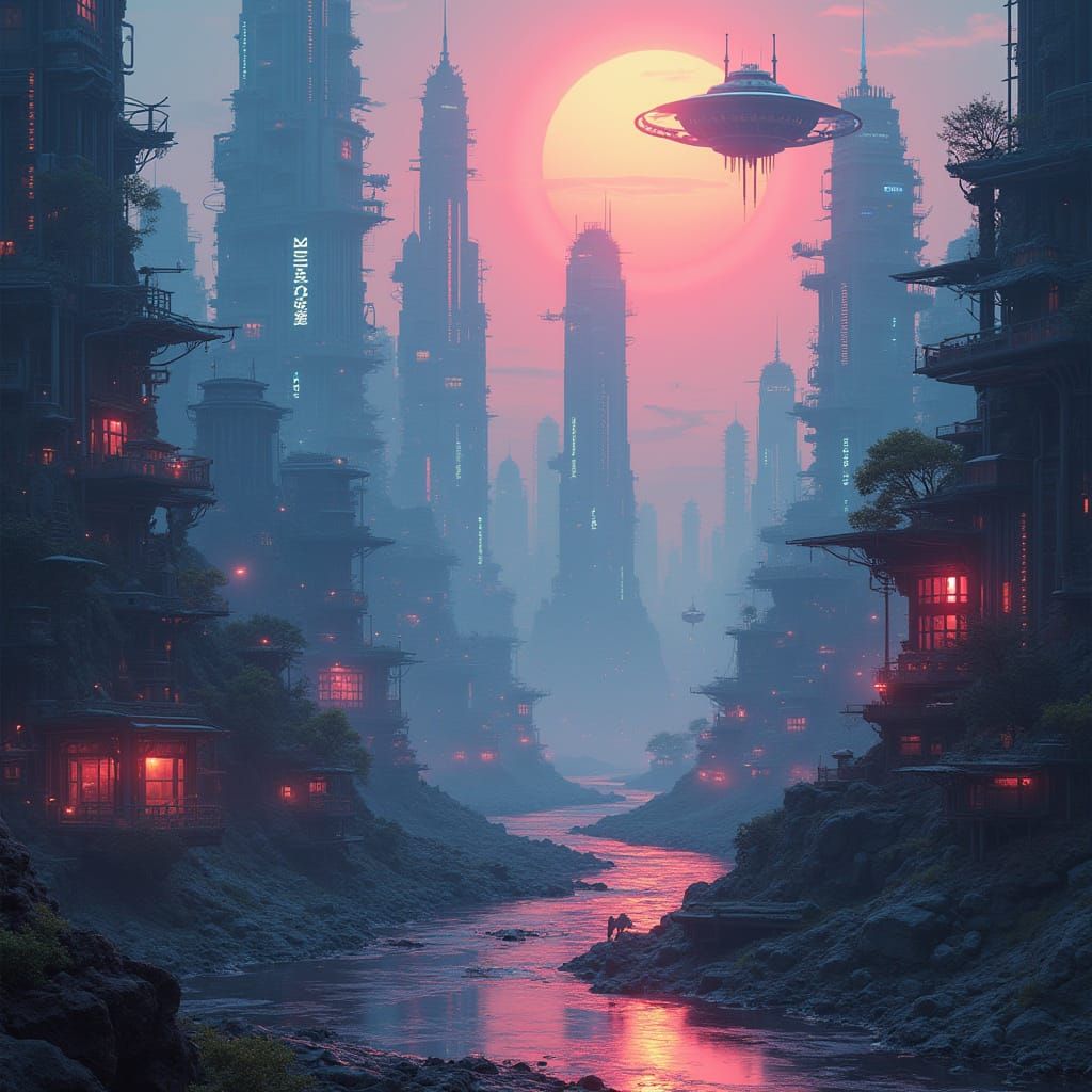 Futuristic Cityscape with Holographic Skyscrapers in Neon St...