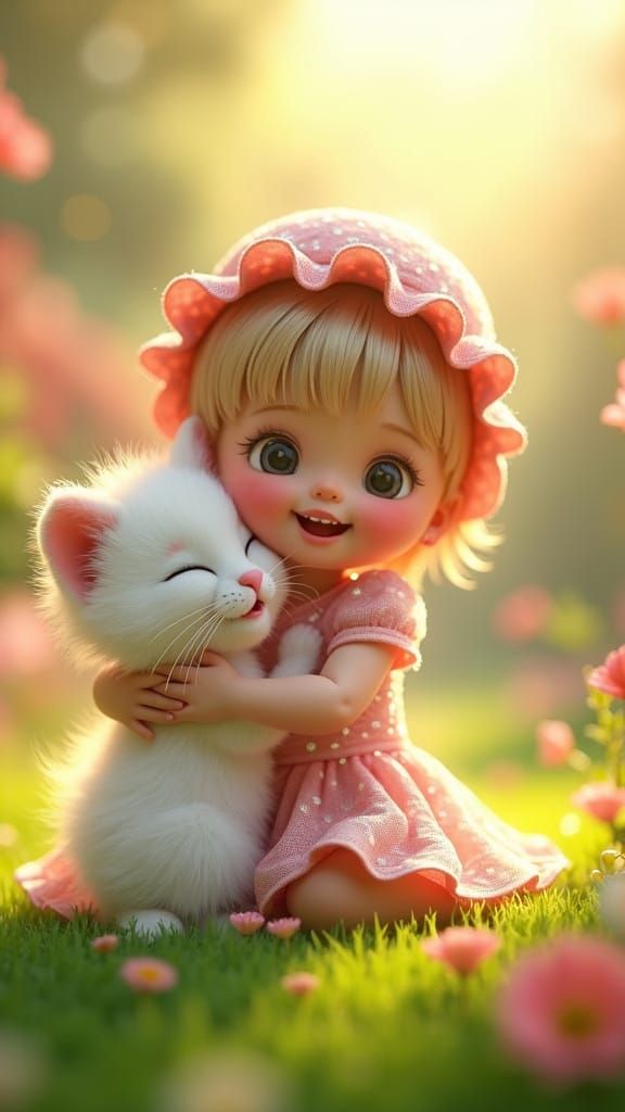 Whimsical Baby Girl Plays with Chubby White Kitten in Vibran...