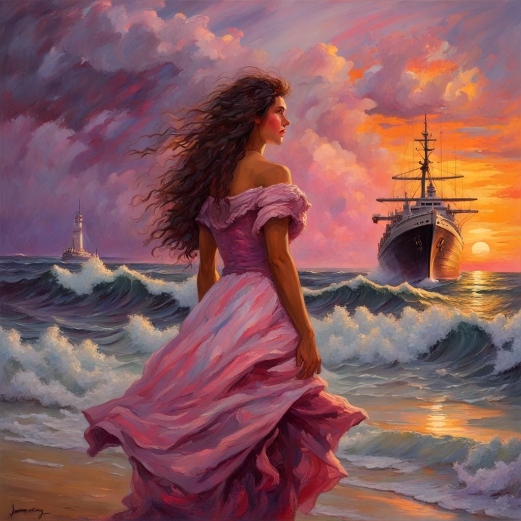 Giant Ship in Sunset Beach Storm as Oil Painting