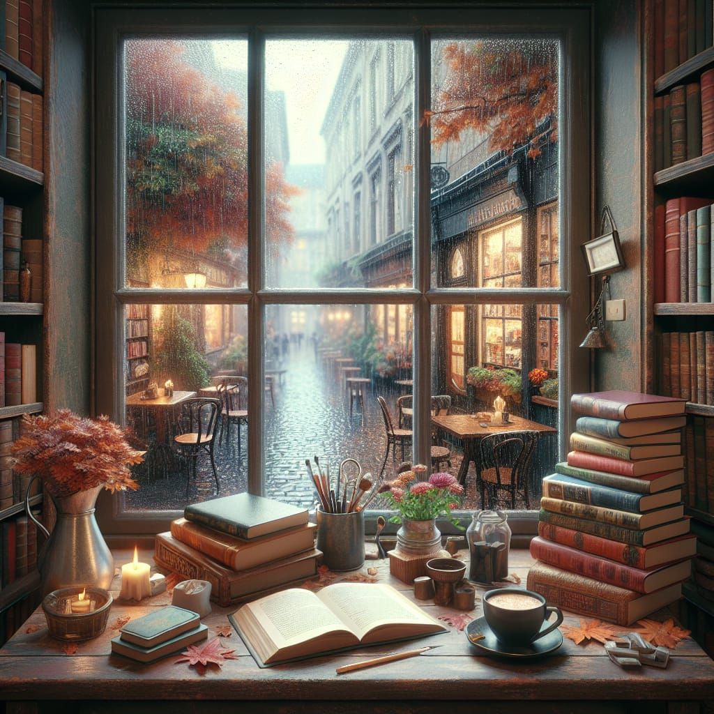 Cozy Bookstore Scene on Rainy Autumn Day
