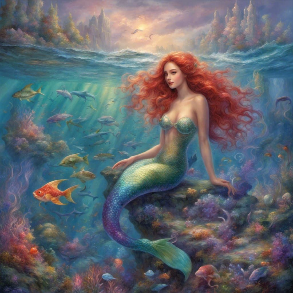 Red-Haired Mermaid with Exotic Fish, Fantasy Art