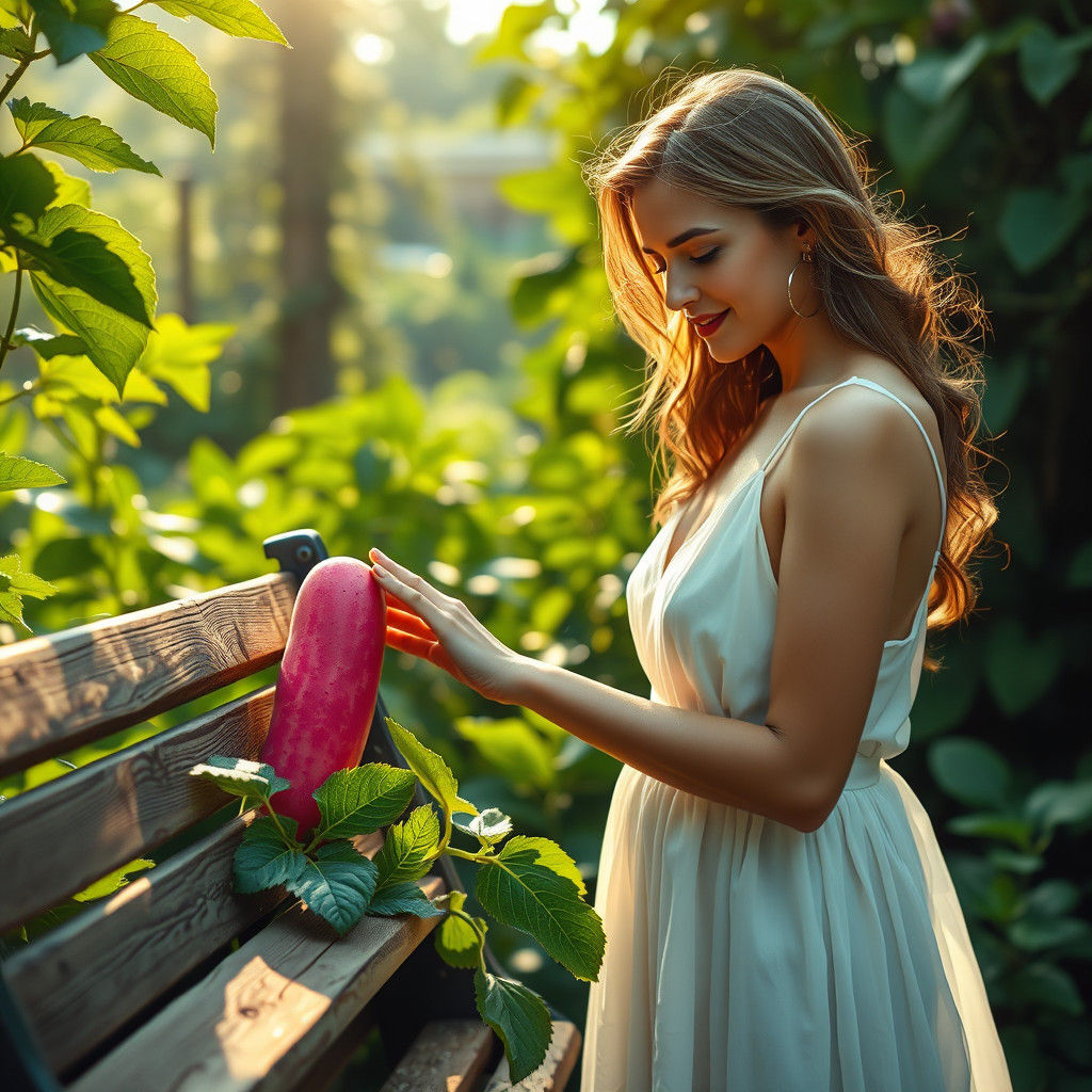 Woman Admiring Pink Cucumber in Hyperrealistic Garden