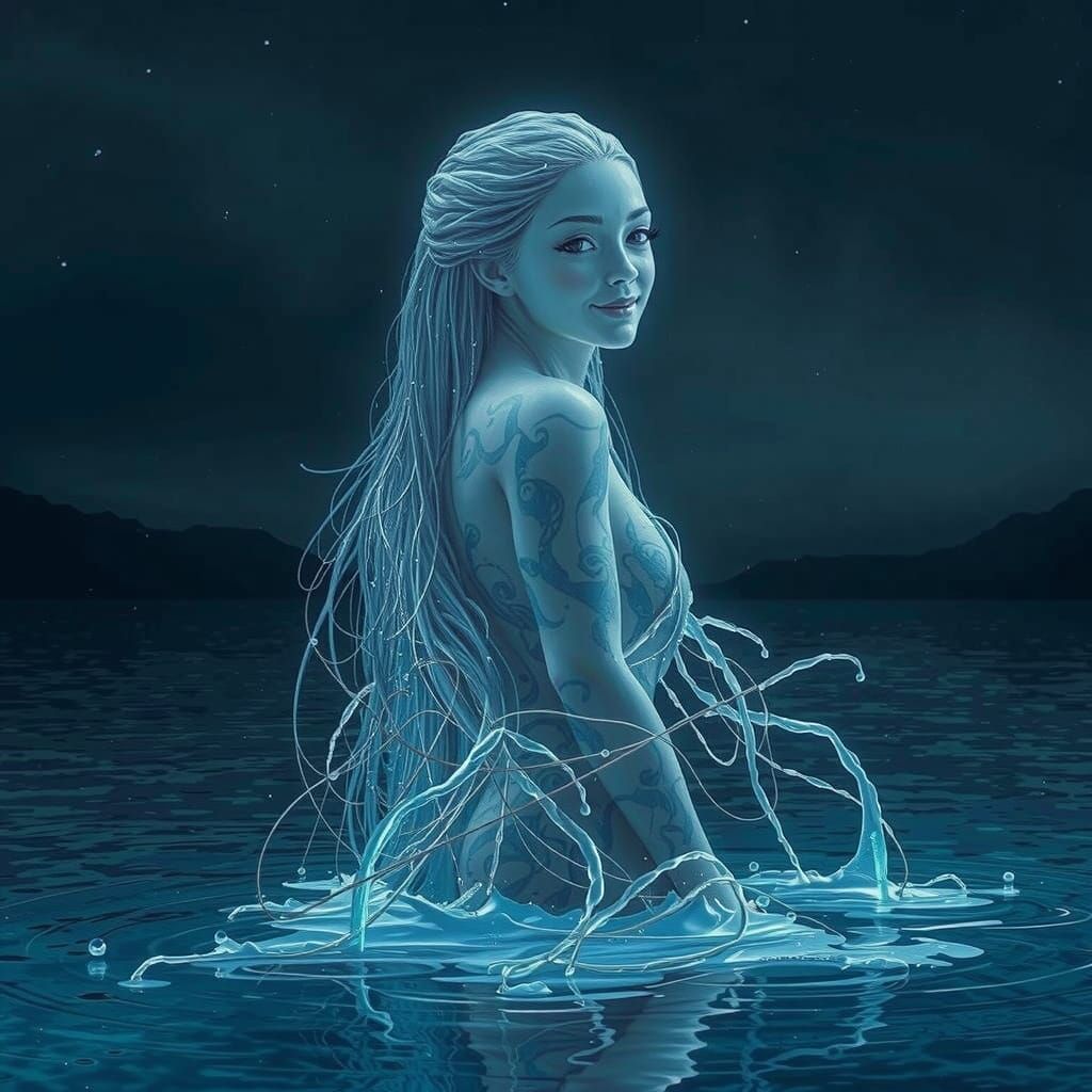 Water Spirit Woman Smiling Mischievously, Detailed Digital A...