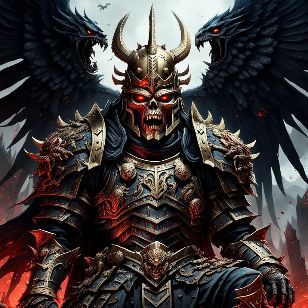 Colossal Armored Figure Enthroned on Mountain of Skulls