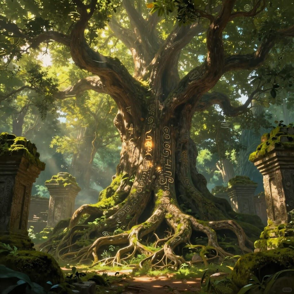 Ancient Rune Tree in Mossy Temple Ruins