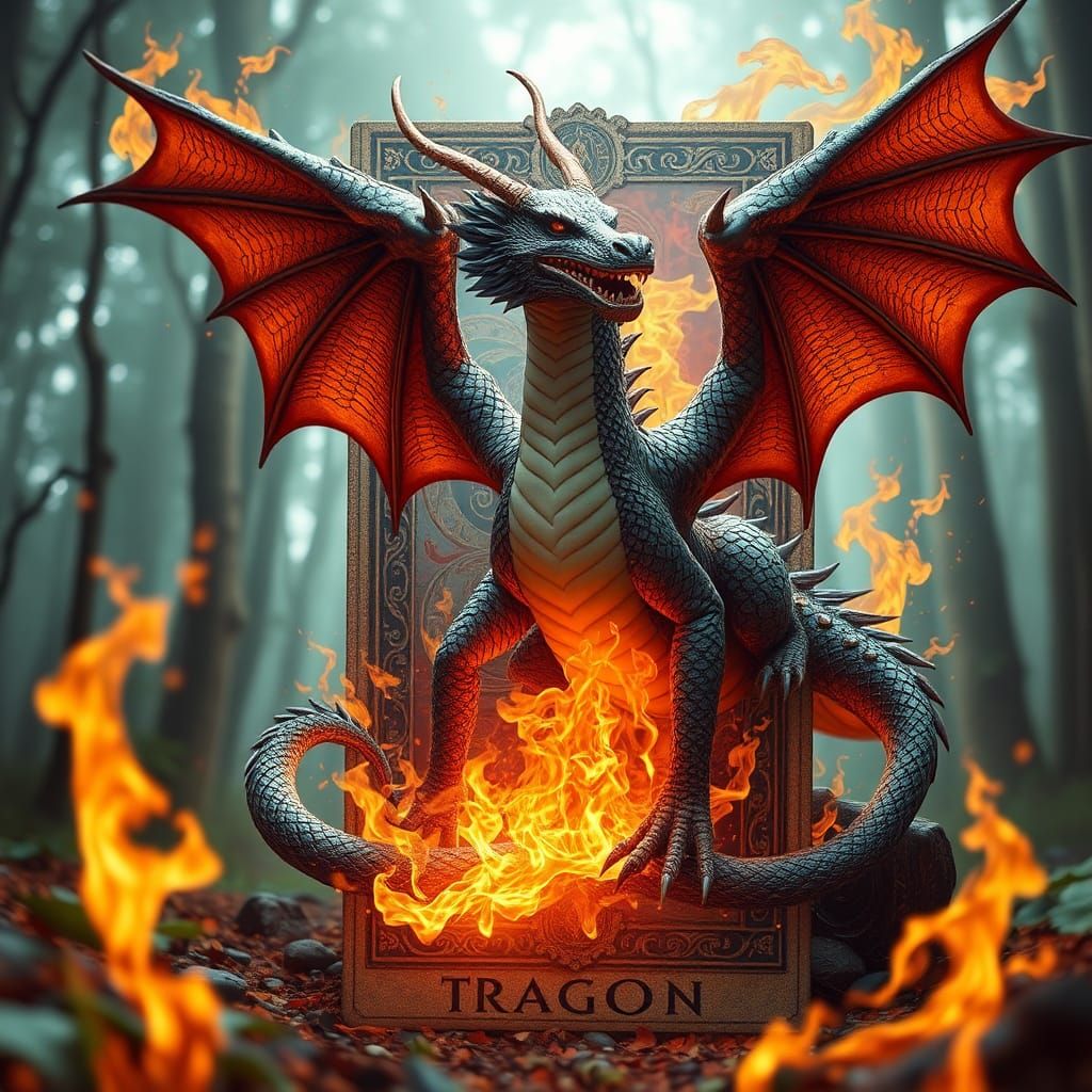 Dragon Emerges from Tarot Card in Flames