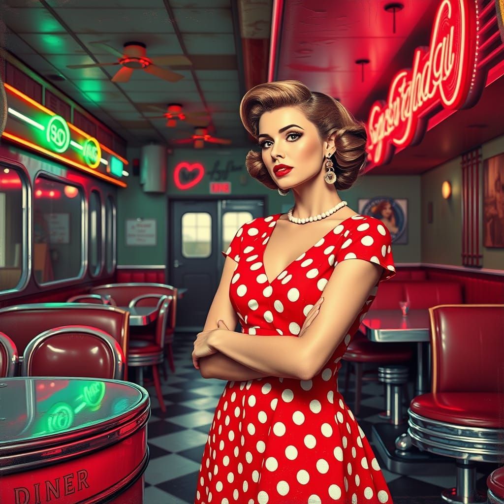 Vintage Diner Scene with Polka Dot Dress, Pop Art Style