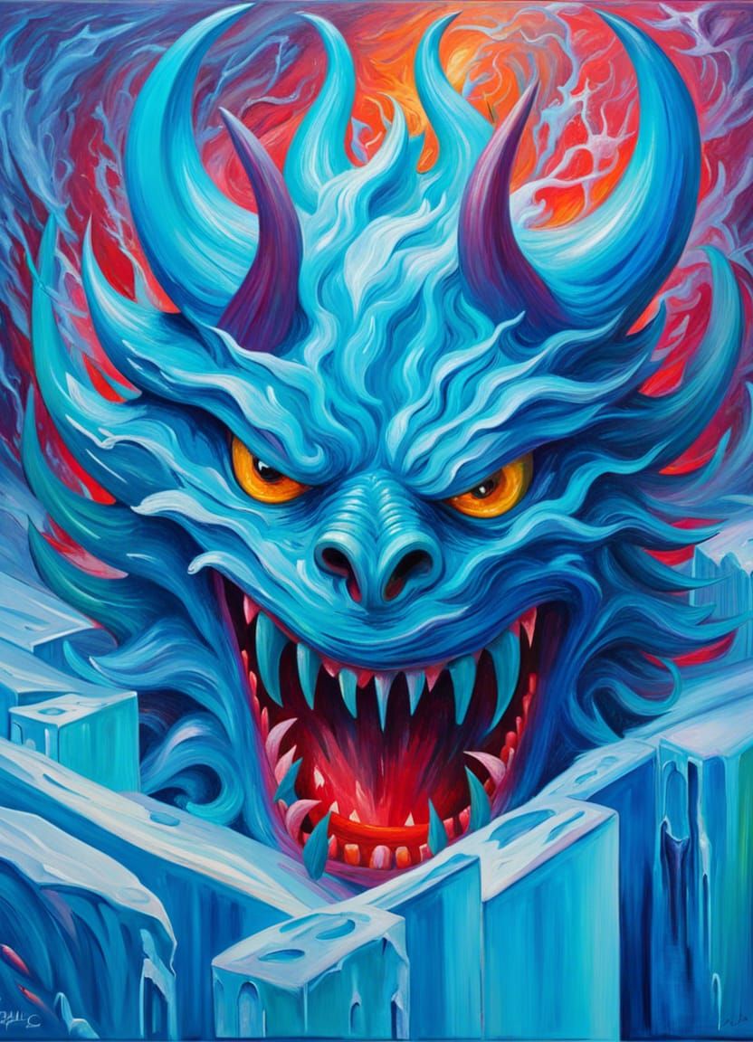 Cyan Ice Demon in Expressionist Oil Painting