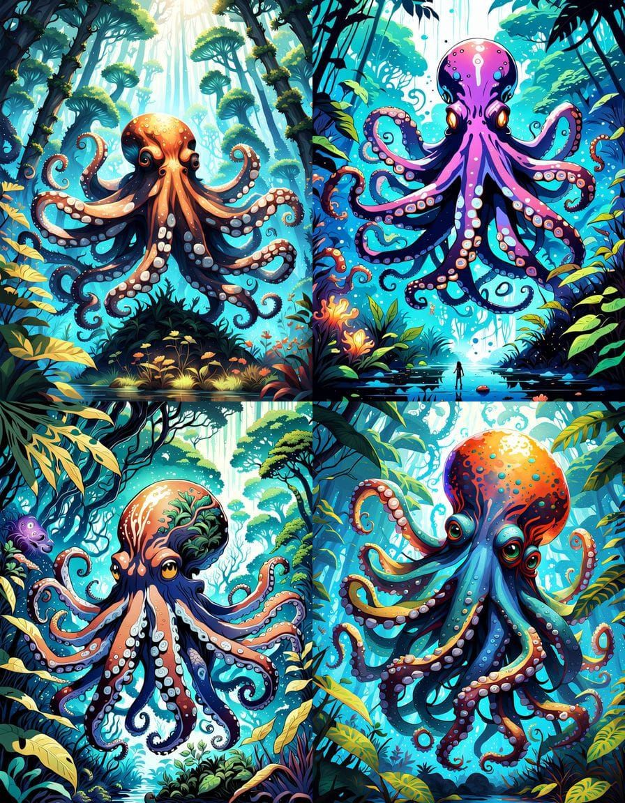 Octopus Explores Lush Jungle in Anime Style