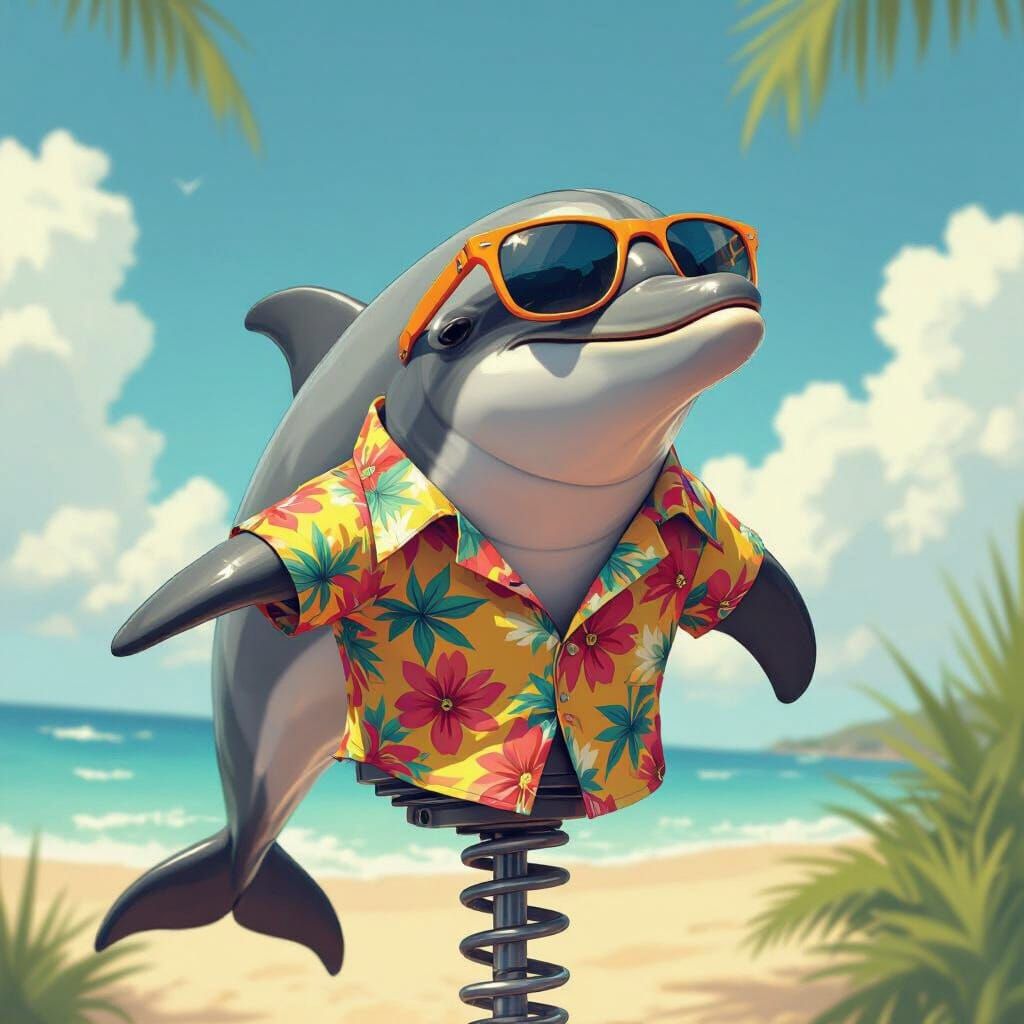 Dolphin Bobblehead in Hawaiian Shirt, Digital Art