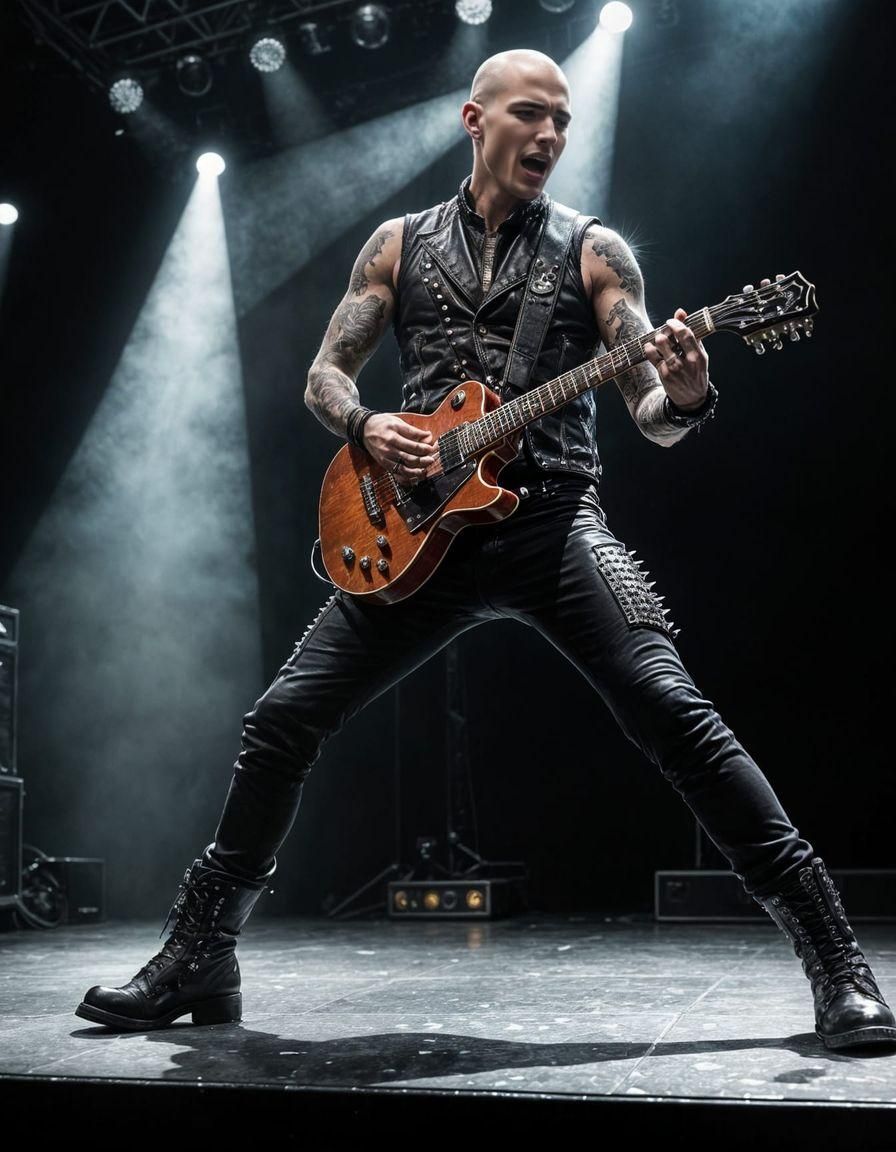 Realistic Metalhead Man Singing on Stage with Guitar