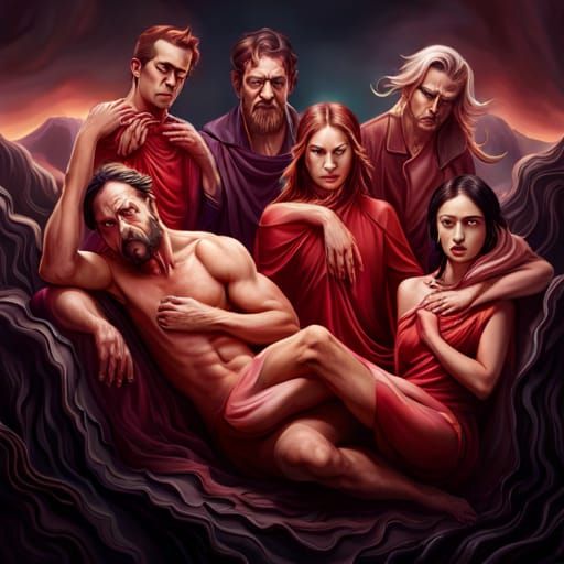 An ultra-detailed high-quality photo of twisted humans melting together, forming a blood-red livid amorphous mass of bod...