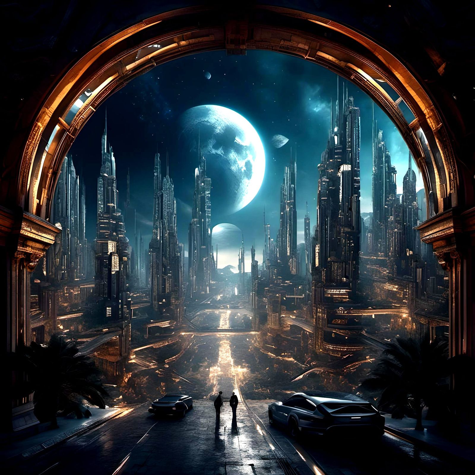 Surreal Sci-Fi Cityscape Under Galactic Sky