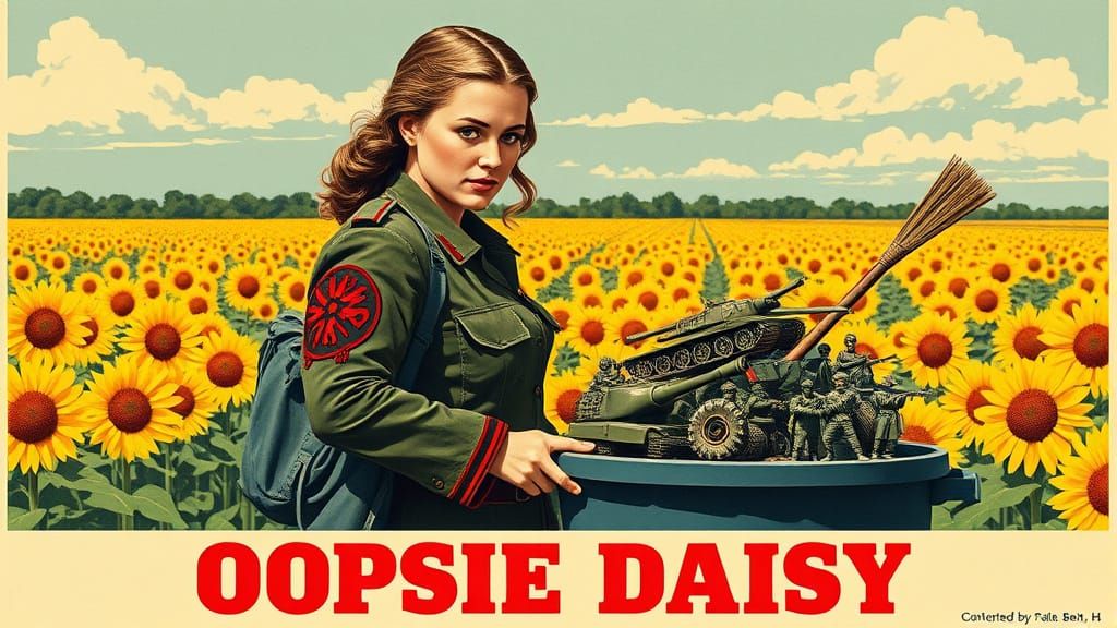 Ukrainian Woman Sweeping Away Tanks: Vintage Linocut Propaga...