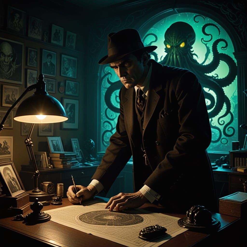Surreal Detective Meets Cthulhu in 1940s Noir Office