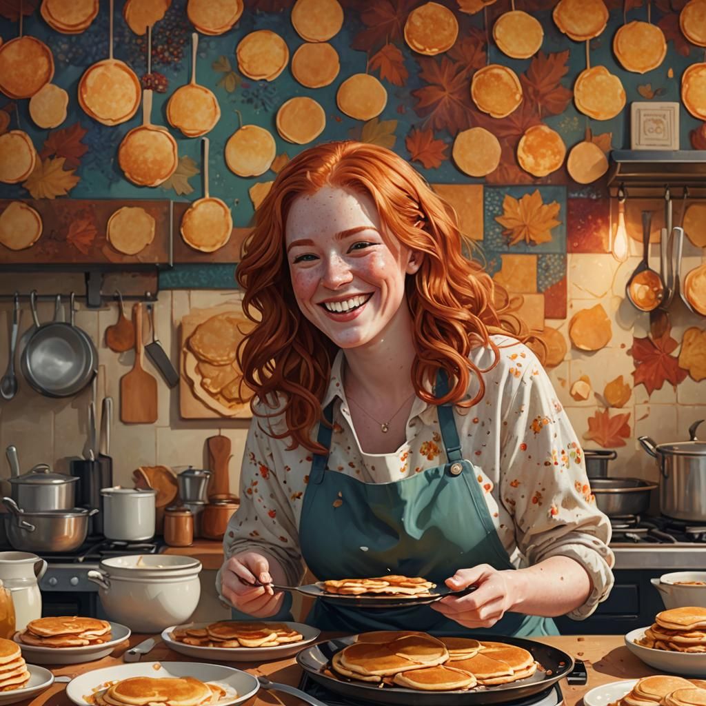 American Homemaker Cooking Fluffy Pancakes with Maple Syrup....