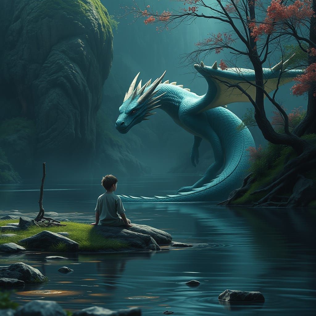 Fantastical Water Dragon Scene in Intricate Detail