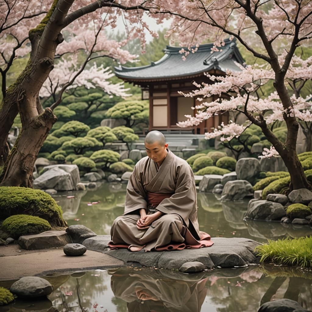 Zen Garden Meditation in Ukiyo-e Style