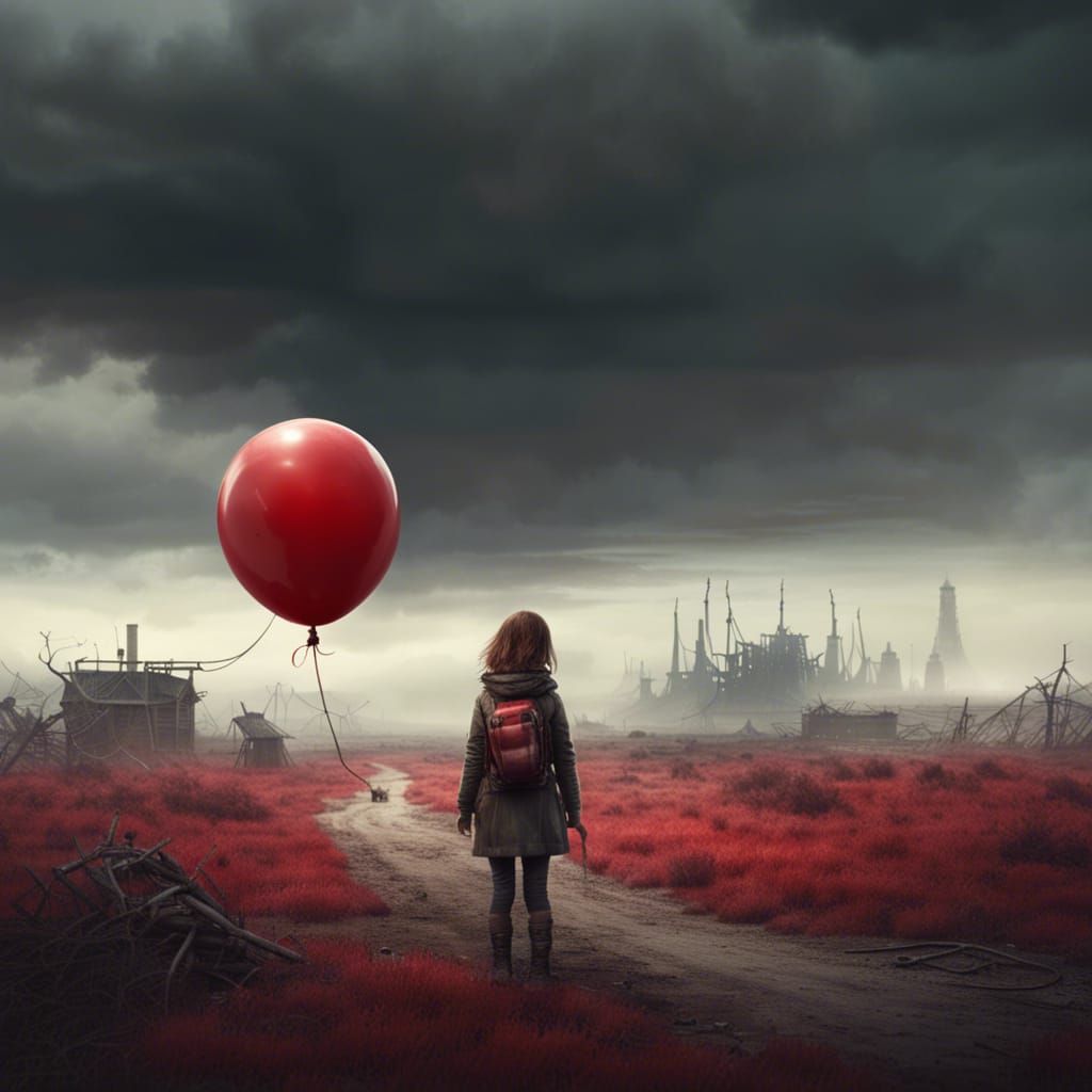 Lonely Girl with Red Balloon in Apocalyptic Landscape