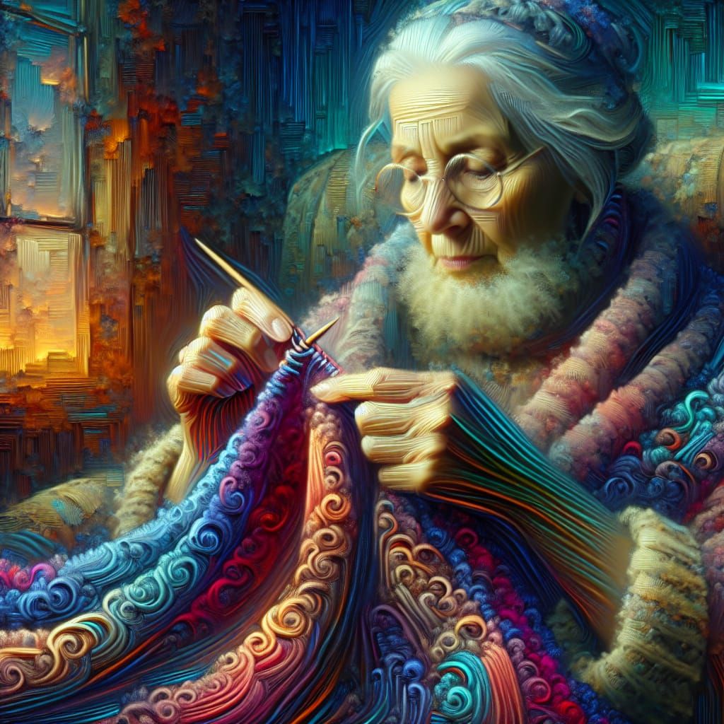Elderly Woman Knitting a Scarf: Oil on Canvas