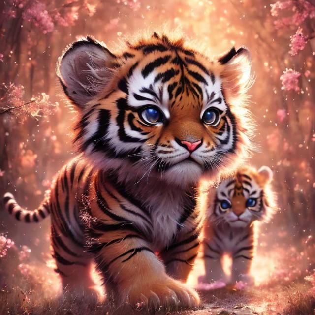 Adorable Tiger Cub Portrait in Vaporwave Style